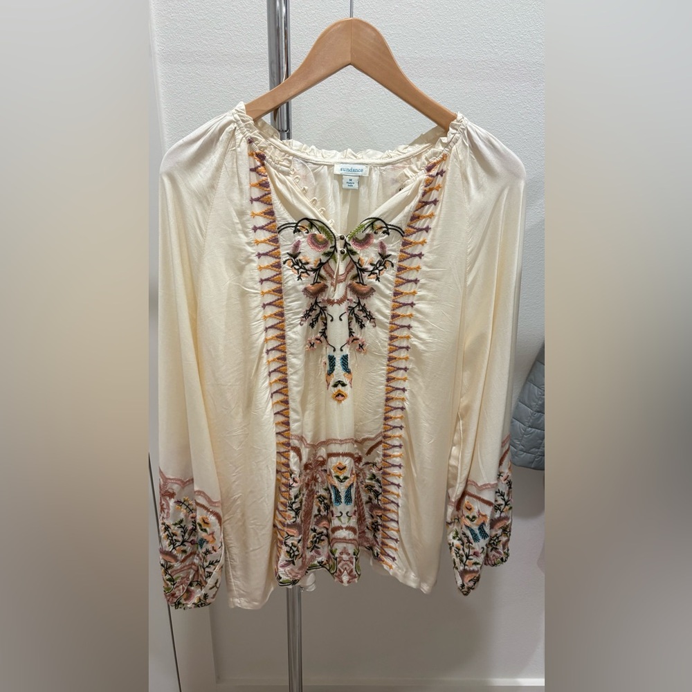 Sundance Cream Embroidered Peasant Blouse with Multicolor Floral Detail